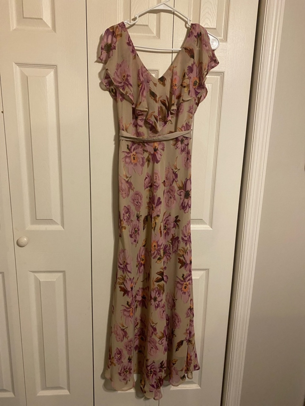 Taylor Pink and Mauve Florals on a Nude Maxi Dress